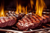 Fototapeta  - Grilled meat steak on stainless grill depot with flames on dark background. Food and cuisine concept.