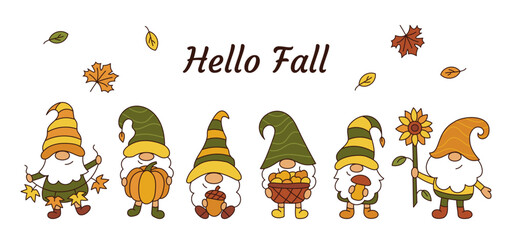 Hello fall. Cute autumn gnomes banner. Ideal for harvest season. Cartoon style. Vector illustration.