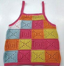 Multi Colours Squares Knitted Tank Top Or Halter Top With Granny Squares On Isolated A Light Grey Background. Lady And Girls Fashionable Clothes.