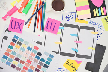 Wall Mural - creative top view photo of ux ui designer working space. user experience concept.