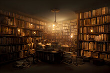 Atmospheric Old Large Library With Many Books  - Concept Art Games
