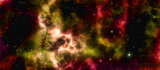 Fototapeta Kosmos - Star field voyage with red and green cosmic space nebula, digital art illustration work.