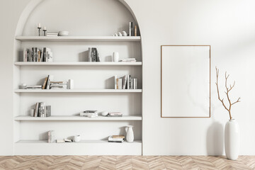 Front view on bright living room interior with empty poster