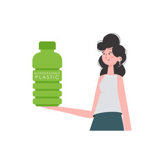 Wall Mural - A woman holds a bottle made of biodegradable plastic in her hands. Concept of green world and ecology.   Trend style. .