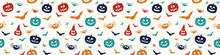 Design Of Halloween Pattern With Funny Pumpkin Lanterns, Bats And Spiders. Banner. Vector
