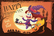 Halloween witch girl cute cartoon hand drawn background illustration