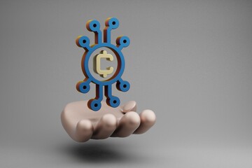 Fototapete - Beautiful abstract illustrations Golden Hand Holding Blockchain Token symbol icon on a gray background. 3d rendering illustration. Background pattern for design.