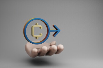 Poster - Beautiful abstract illustrations Golden Hand Holding Coin selling symbol icon on a gray background. 3d rendering illustration. Background pattern for design.