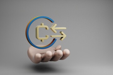 Poster - Beautiful abstract illustrations Golden Hand Holding Coin exchange  symbol icon on a gray background. 3d rendering illustration. Background pattern for design.