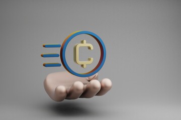 Fototapete - Beautiful abstract illustrations Golden Hand Holding Coin Token symbol icon on a gray background. 3d rendering illustration. Background pattern for design.
