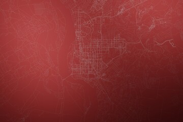 Map of the streets of Tomsk (Russia) made with white lines on abstract red background lit by two lights. Top view. 3d render, illustration