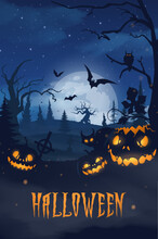Happy Halloween Banner Or Party Invitation Background With Violet Fog Clouds And Pumpkins	