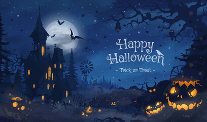 Poster - Happy halloween banner or party invitation background with violet fog clouds and pumpkins	