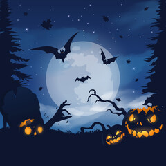 Happy halloween banner or party invitation background with violet fog clouds and pumpkins	