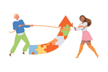 Wall Mural - Teamwork with Man and Woman Employee Pulling Arrow Up Engaged in Successful Collaboration Vector Illustration