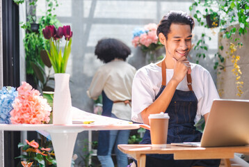 Asian man influencer or SME owner people smile work on home video camera selfie shoot.Smiling female florist talking on mobile phone. Young woman working at  shop with Open sign.