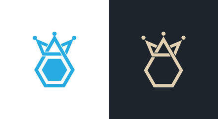 Hexagon Crown Elegant Logo Concept icon sign symbol Design Element Line Art Style. Restaurant, Boutique, Hotel, Cafe, Badge, Cube Logotype. Vector illustration template