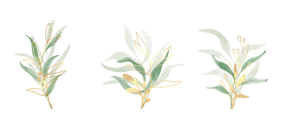 Aufkleber - Set of watercolor botanical element vector. Luxury foliage collection of leaf branch, eucalyptus leaves, flowers, with gold line art. Elegant collection for wedding, invitation, decorative, card.