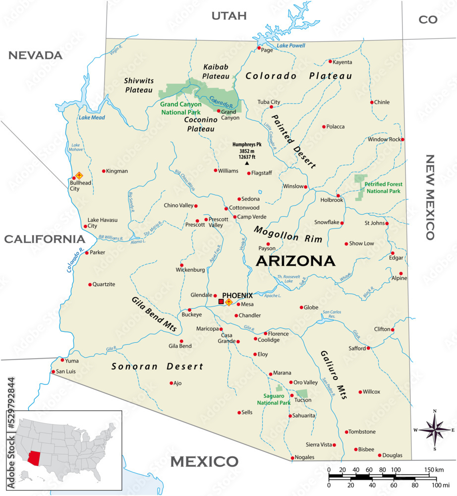 Highly detailed physical map of the US state of Arizona