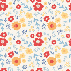 Wall Mural - Red and yellow flowers seamless pattern. Floral meadow blossom and branches vector design.