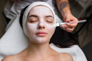 Wall Mural - Close-up shot of a woman getting facial treatment with clay mask. Cosmetology and spa