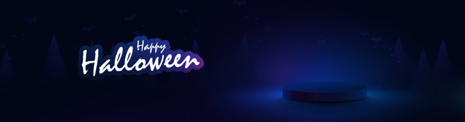Poster - Blue product cylinder display mockup on dark halloween scene background. Vector illustration