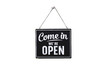 © Maderla - Text on vintage black sign 'Come in we're open' isolated on white background,With clipping path.
