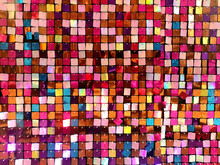 Texture Of Color Pearlescent Sequins, Macro Photo, Background From Pigeons Sequins. Colored Background Made Of Squares, Multi-colored Square Glossy Sequins