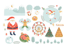  PNG, Transparent, Winter Leisure. Winter Activities Elements Isolated. Christmas Outdoor Fun. Clipart. People Sliding, Ice Skate, Snowman, Mountain, House, Santa, Forest Tree, Park, Illustration