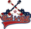 Rock 'n' roll - banner, logo, emblem, label or design element. Creative lettering with an electric guitar.