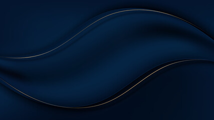 Wall Mural - abstract 3d blue satin cloth fold wave material background and texture with golden lines decoration 