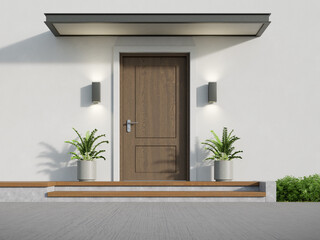 Wall Mural - Modern house with patio and entrance wooden deck floor. 3d rendering.