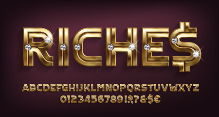 Wall Mural - Riches alphabet font. Golden metal letters and numbers with diamonds. Stock vector typeface for your design.