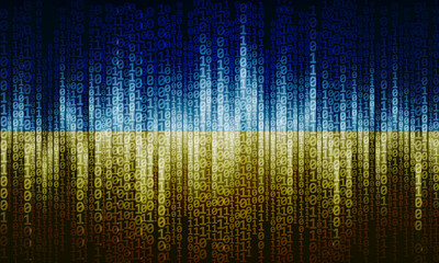 Binary code pattern in blue and yellow colors of flag of Ukraine. Cyberspace, technology and information concept.