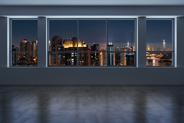 Empty room Interior Skyscrapers View Malaysia. Downtown Kuala Lumpur City Skyline Buildings from High Rise Window. Beautiful Expensive Real Estate overlooking. Night time. 3d rendering.