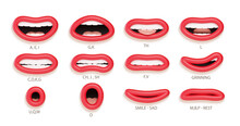 3d Lip Sync Character Mouth Animation. Lips Sound Pronunciation Chart. Lip Sync For Cartoon Talking. Cartoon Talking Mouth And Lips Expressions. Vector Illustration