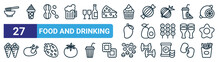 Set Of 27 Outline Web Food And Drinking Icons Such As Noodles, Ice Cream, Peanut, Candy, Avocado, Roasted Turkey, Lentils, French Fries Vector Thin Line Icons For Web Design, Mobile App.