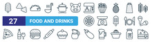 Set Of 27 Outline Web Food And Drinks Icons Such As , Totopos, Tacos, Popcorn, Kitchen Scale, Wine Bottle, Eggplant, Dessert Vector Thin Line Icons For Web Design, Mobile App.