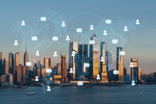 New York City Skyline From New Jersey Over Hudson River With Hudson Yards Skyscrapers, Sunset. Manhattan, Midtown. Social Media Hologram. Concept Of Networking And Establishing New People Connections