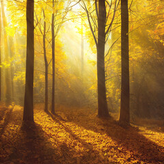 Wall Mural - sunny day in autumn park, sun beams shining through tree branches, square format. generative ai illu