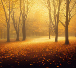 Wall Mural - brightly lit clearing in autumn forest, colorful leaves laying on the ground, glowing golden mist. g