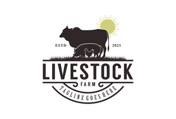 Wall Mural - Retro Vintage Livestock logo design. Cow, pig and chicken vector illustration