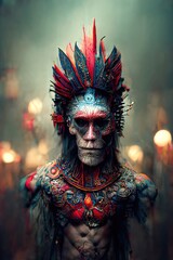 Wall Mural - 3d illustration of aztec man warrior with crown of feathers