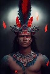 Wall Mural - 3d illustration of aztec man warrior with crown of feathers