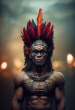 3d Illustration Of Aztec Man Warrior With Crown Of Feathers