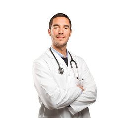 Confident doctor against white background