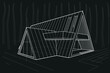 Linear architectural sketch residental building - triangle forest cottage on black background