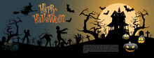 Happy Halloween Night Party Holiday Festival Celebration Black On Orange Blue Design Vector