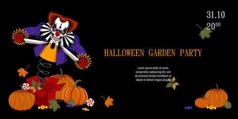 Sticker - Banner with the image of an evil clown with pumpkins. Happy Halloween.