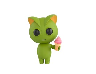 Sticker - Green Monster character holding strawberry ice cream cone in 3d rendering.